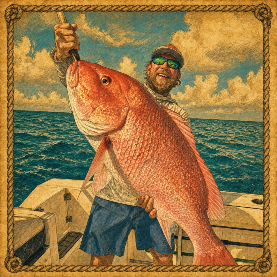 Illustration of a happy angler holding a giant red snapper on a Destin charter boat