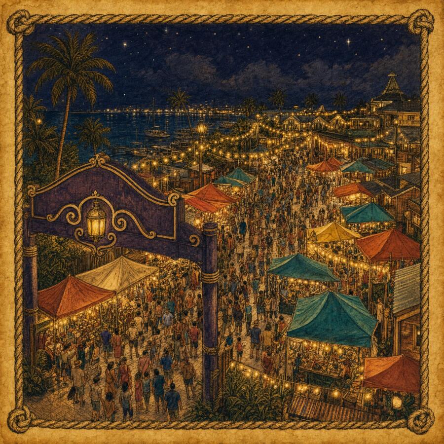 Illustration of HarborWalk Village in Destin at night with string lights and market tents