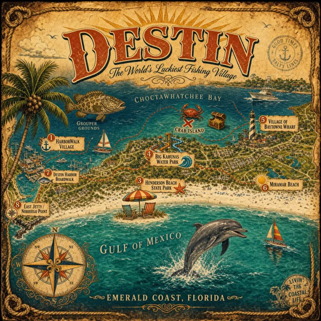 Vintage treasure-map illustration of Destin, Florida with numbered stops from HarborWalk Village to Crab Island