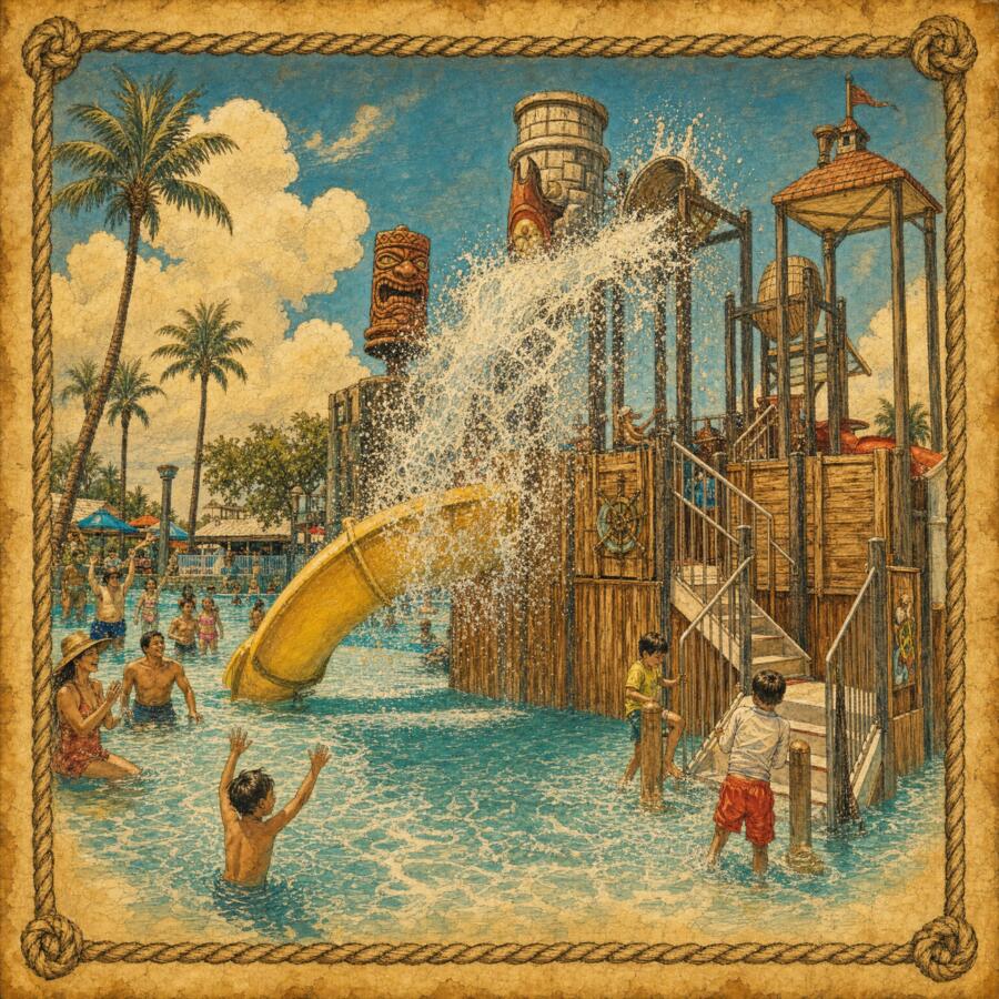 Illustration of a splashing Destin water park with tiki tower and yellow slide